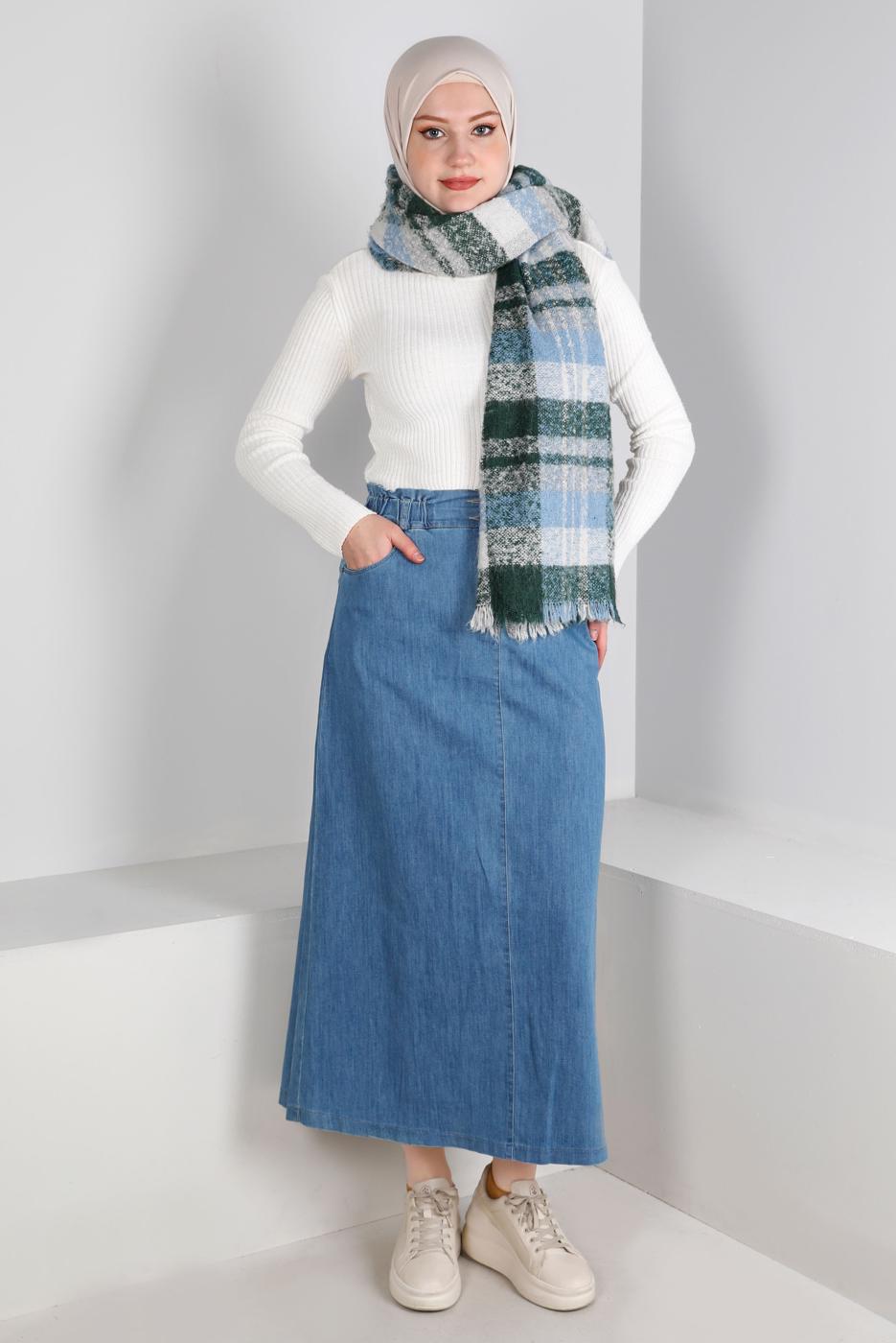 Tesettür giyim LACİVERT BELİ LASTİKLİ DÜĞMELİ DENİM ETEK T 60167