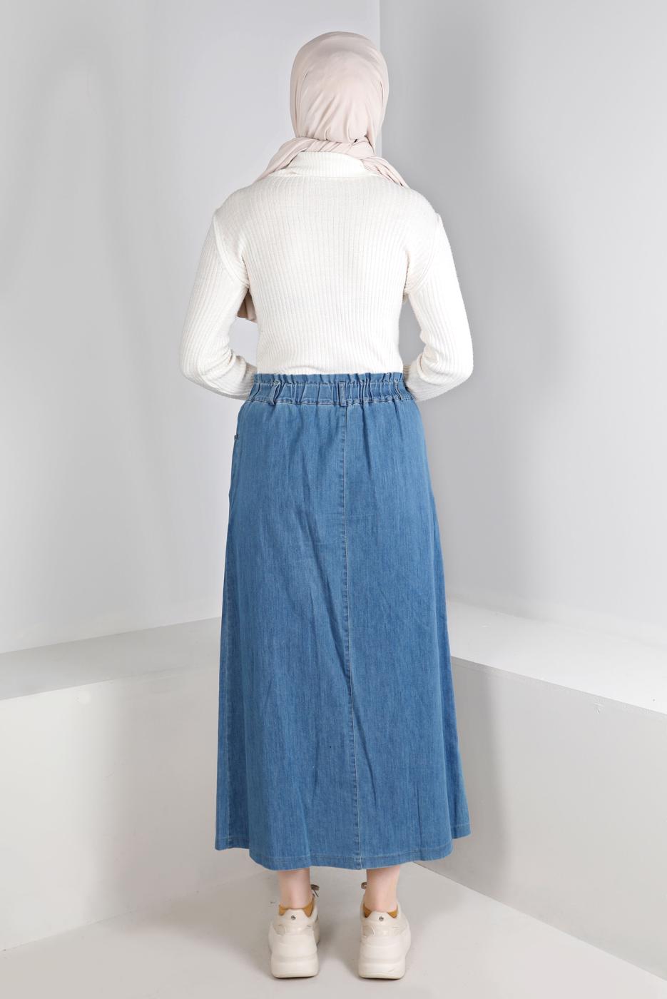 Tesettür giyim LACİVERT BELİ LASTİKLİ DÜĞMELİ DENİM ETEK T 60167