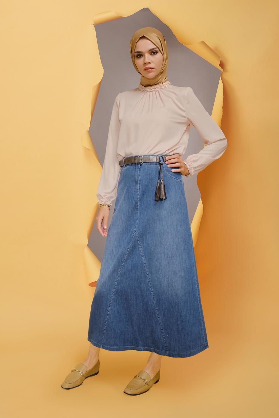 Tesettür giyim LACİVERT ALVİNA CEP DETAYLI DENİM ETEK 60168	