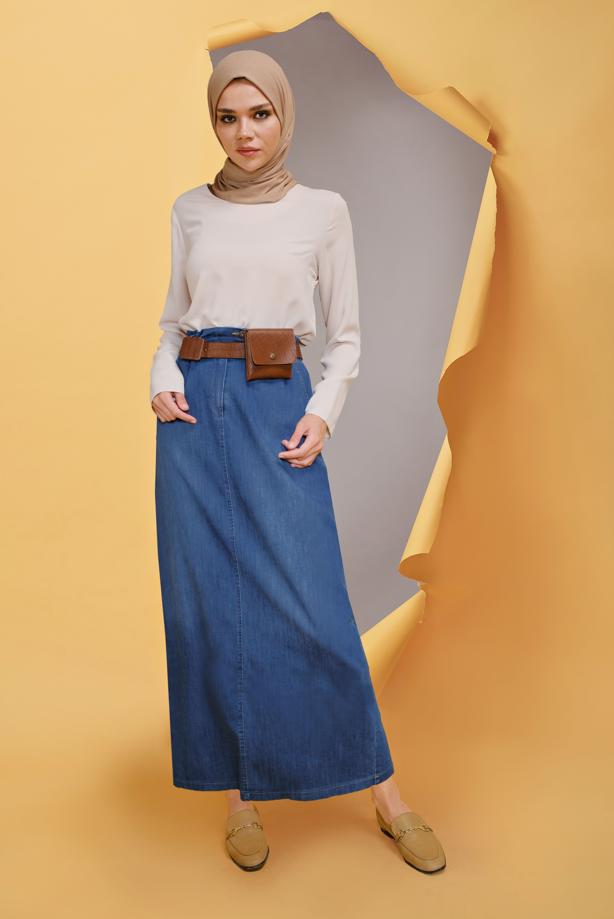 Hijab clothing NAVY BLUE ALVİNA ELASTIC WAIST SKIRT WITH POCKET 60169  - TRENDTESETTÜR