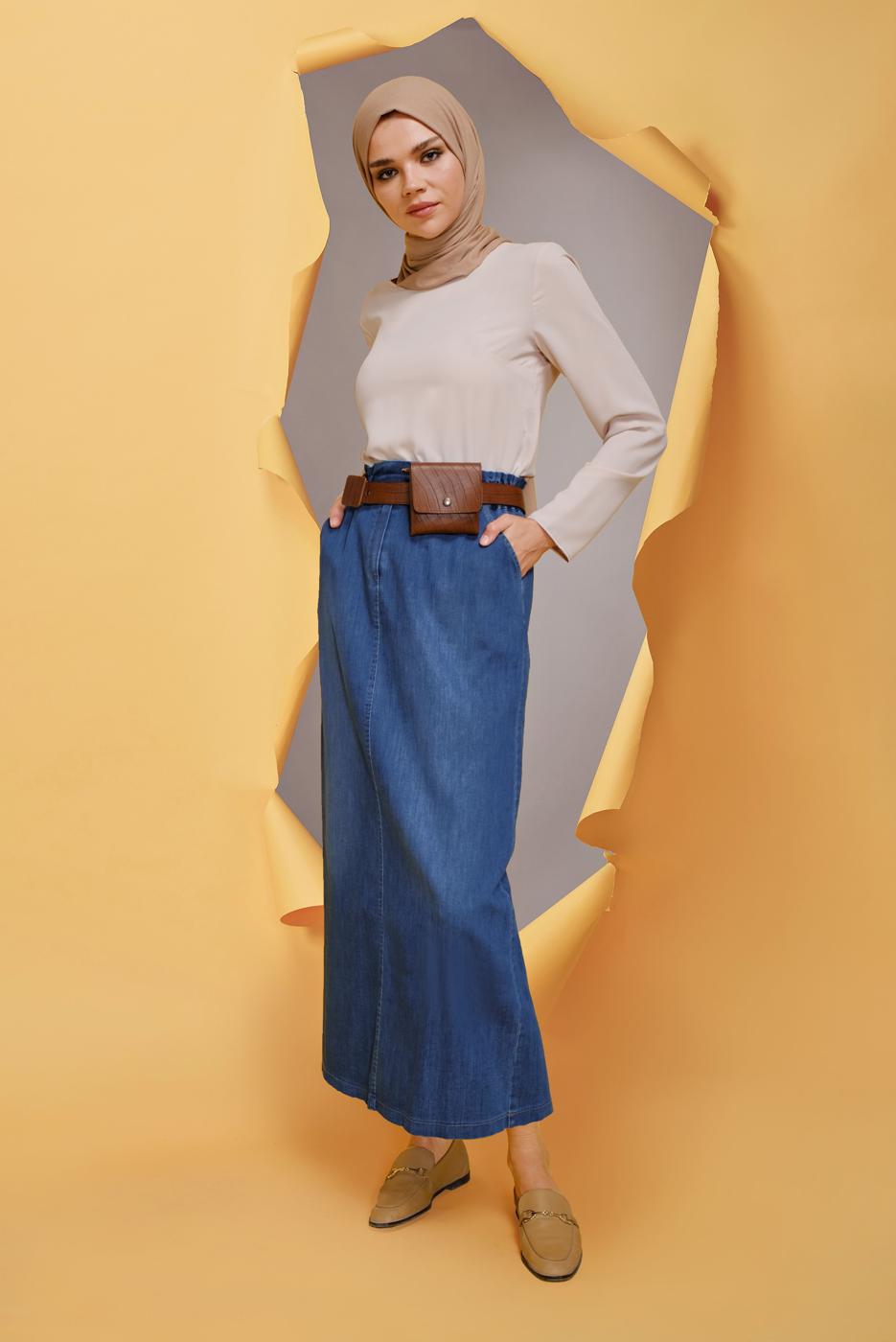 Vêtements hijab BLEU MARINE JUPE À TAILLE ÉLASTIQUE ALVİNA AVEC POCHE 60169