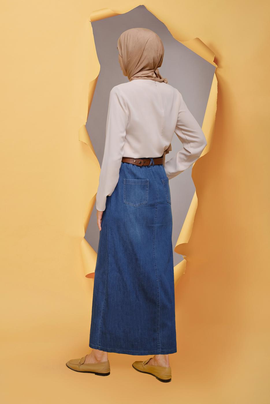 Hijab clothing NAVY BLUE ALVİNA ELASTIC WAIST SKIRT WITH POCKET 60169 