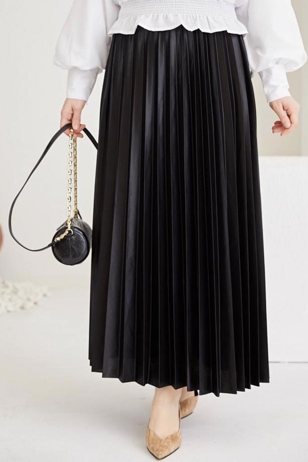 Tesettür giyim SİYAH PİLİSELİ BELİ LASTİKLİ ETEK T 8354 - TRENDTESETTÜR