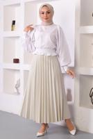 Tesettür giyim BEJ PİLİSELİ BELİ LASTİKLİ ETEK T 8354