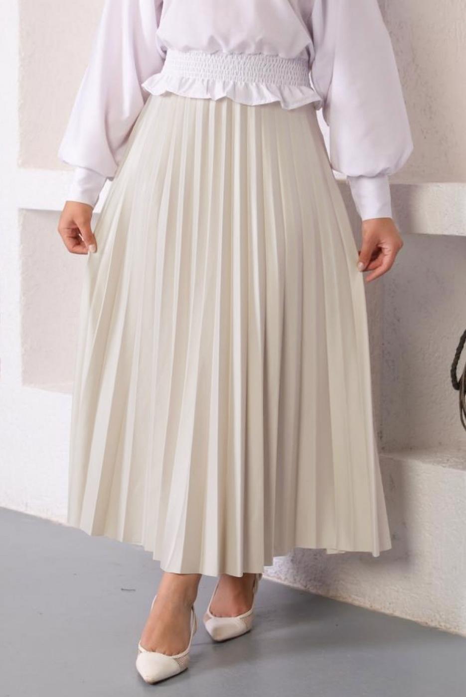 Tesettür giyim BEJ PİLİSELİ BELİ LASTİKLİ ETEK T 8354