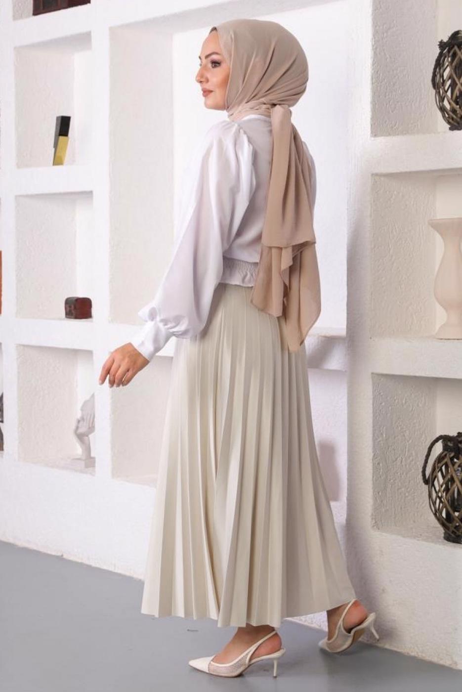 Tesettür giyim BEJ PİLİSELİ BELİ LASTİKLİ ETEK T 8354