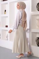 Tesettür giyim BEJ PİLİSELİ BELİ LASTİKLİ ETEK T 8354