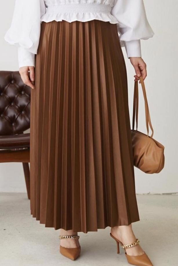 Tesettür giyim KAHVE PİLİSELİ BELİ LASTİKLİ ETEK T 8354 - TRENDTESETTÜR