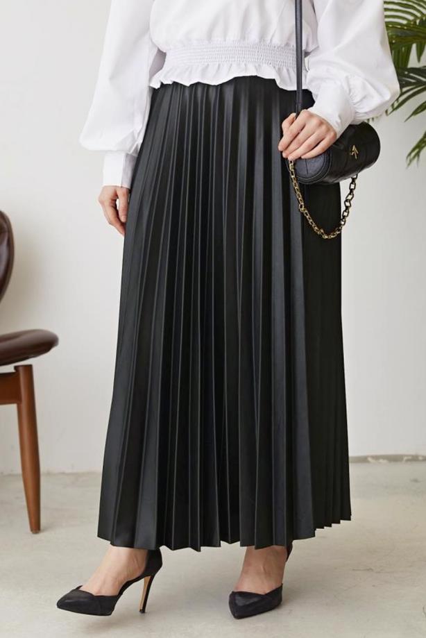 Tesettür giyim GRİ PİLİSELİ BELİ LASTİKLİ ETEK T 8354 - TRENDTESETTÜR