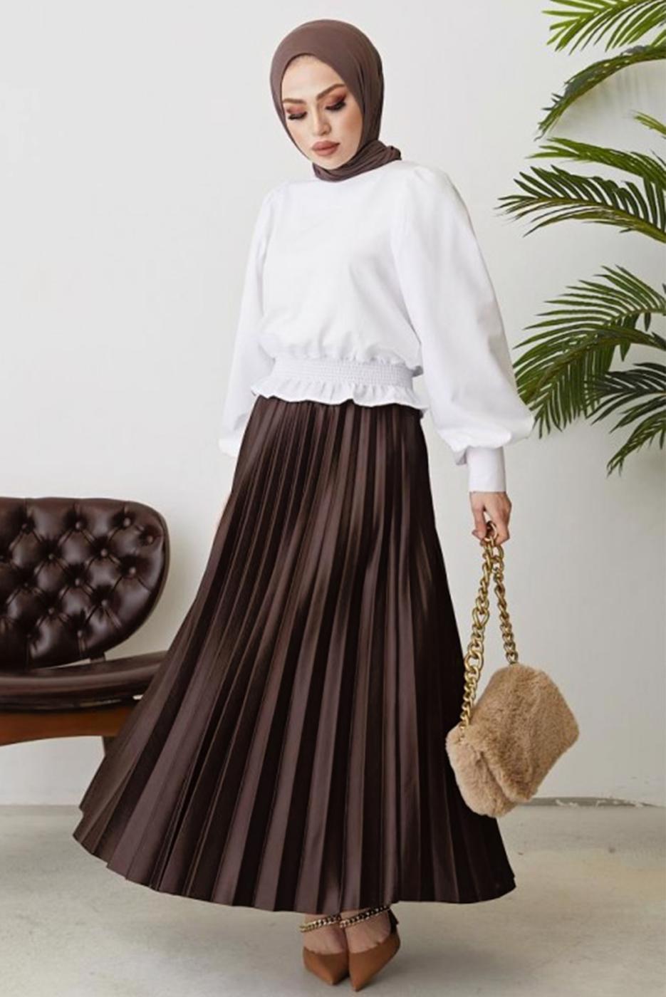 Tesettür giyim KAHVE PİLİSELİ BELİ LASTİKLİ ETEK T 8354