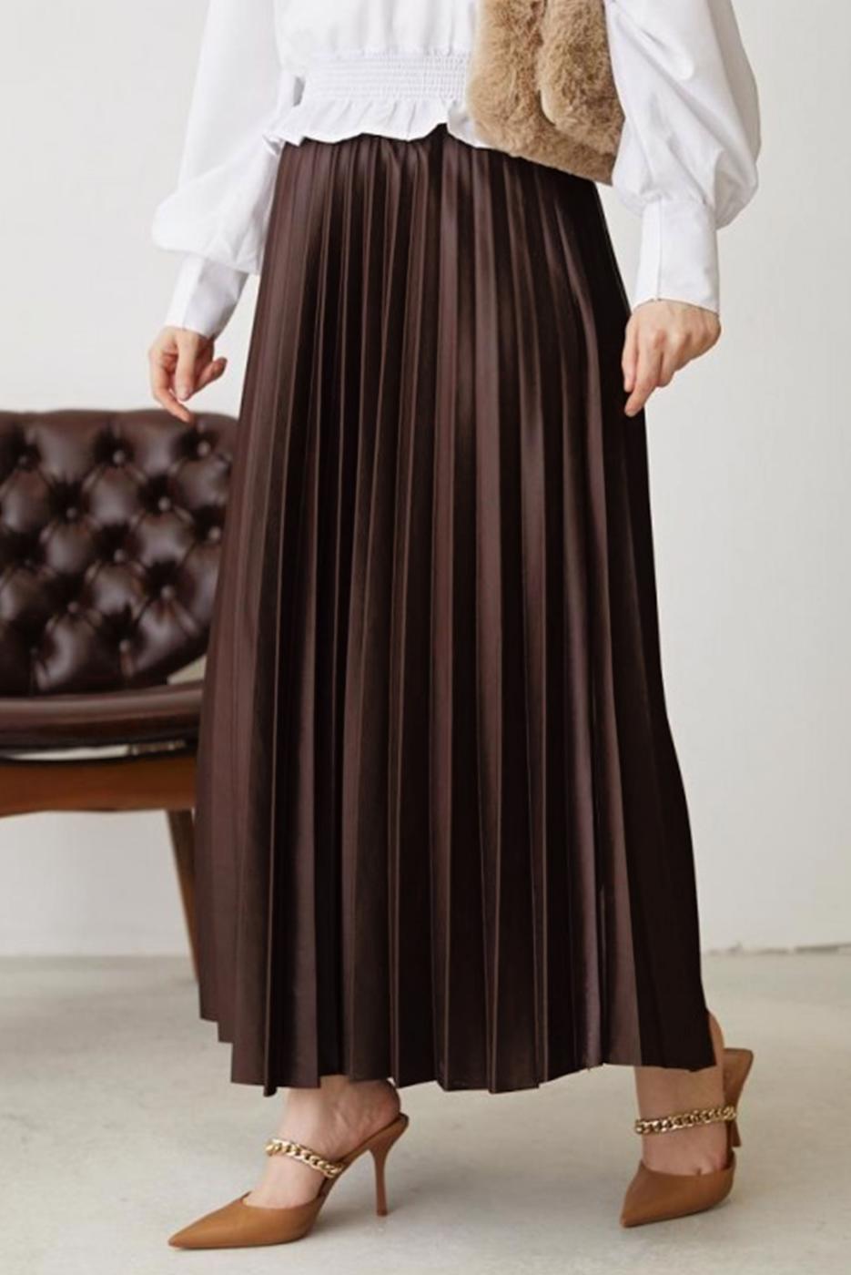 Tesettür giyim KAHVE PİLİSELİ BELİ LASTİKLİ ETEK T 8354