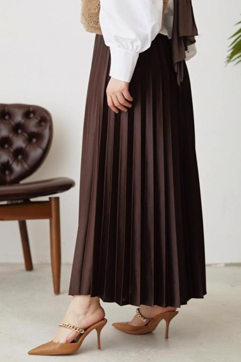 Tesettür giyim KAHVE PİLİSELİ BELİ LASTİKLİ ETEK T 8354