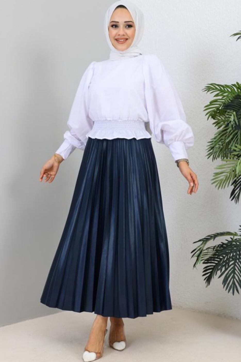 Vêtements hijab BLEU MARINE JUPE PLISSÉE À TAILLE ÉLASTIQUE T 8354