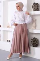 Tesettür giyim PUDRA PİLİSELİ BELİ LASTİKLİ ETEK T 8354