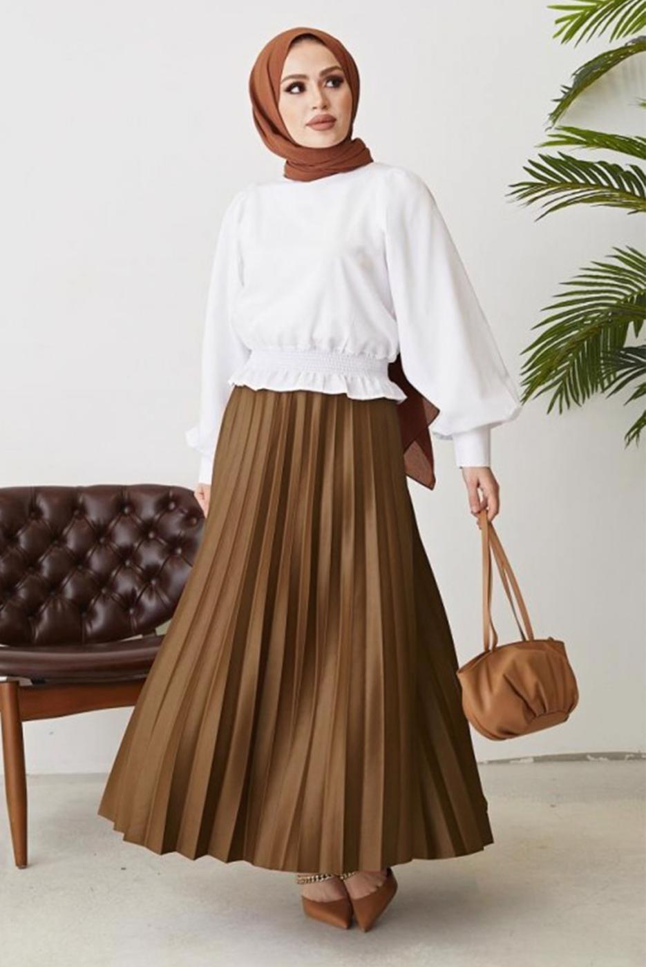 Tesettür giyim TABA PİLİSELİ BELİ LASTİKLİ ETEK T 8354