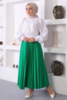 Tesettür giyim YEŞİL PİLİSELİ BELİ LASTİKLİ ETEK T 8354