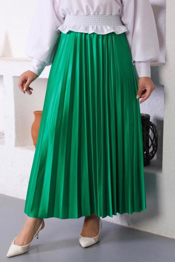 Tesettür giyim YEŞİL PİLİSELİ BELİ LASTİKLİ ETEK T 8354 - TRENDTESETTÜR