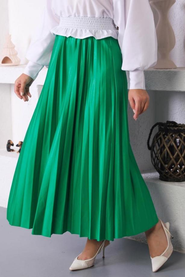 Tesettür giyim YEŞİL PİLİSELİ BELİ LASTİKLİ ETEK T 8354 - TRENDTESETTÜR