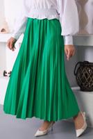 Tesettür giyim YEŞİL PİLİSELİ BELİ LASTİKLİ ETEK T 8354