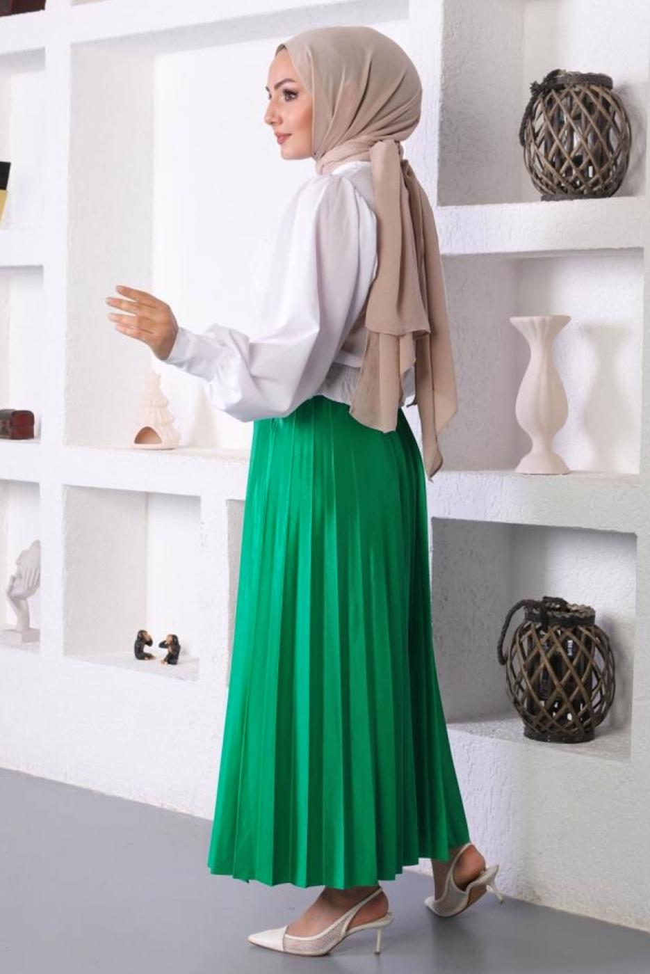 Tesettür giyim YEŞİL PİLİSELİ BELİ LASTİKLİ ETEK T 8354