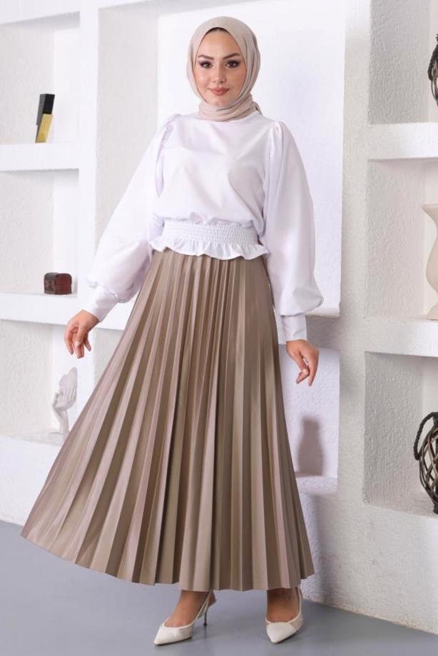 Tesettür giyim VİZON PİLİSELİ BELİ LASTİKLİ ETEK T 8354 - TRENDTESETTÜR