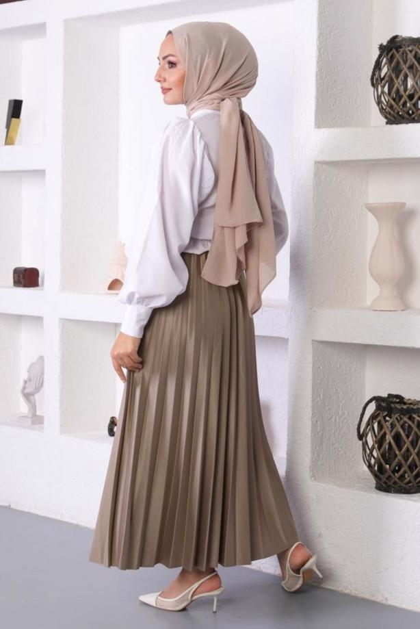 Tesettür giyim VİZON PİLİSELİ BELİ LASTİKLİ ETEK T 8354 - TRENDTESETTÜR