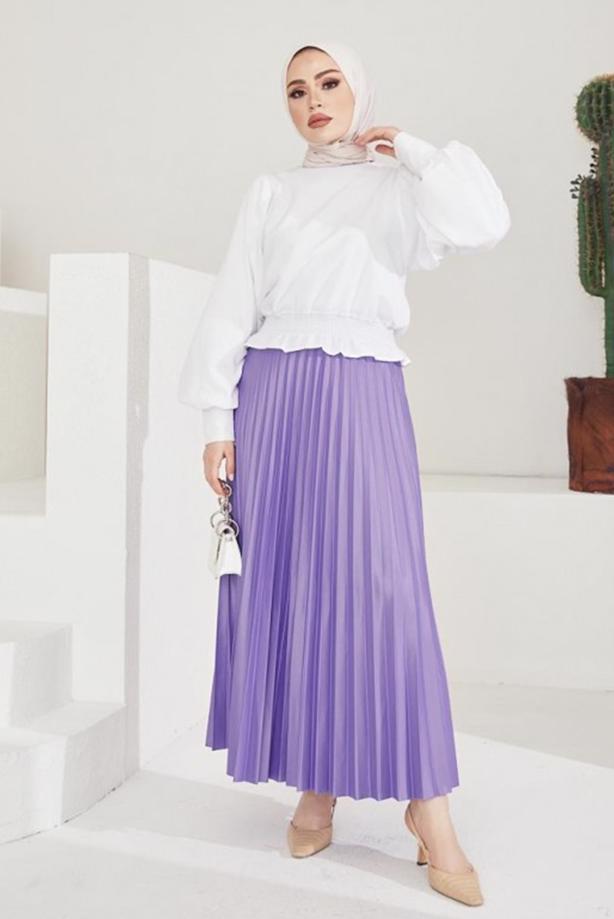 Tesettür giyim MOR PİLİSELİ BELİ LASTİKLİ ETEK T 8354 - TRENDTESETTÜR