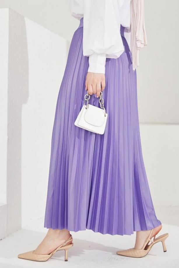 Tesettür giyim MOR PİLİSELİ BELİ LASTİKLİ ETEK T 8354 - TRENDTESETTÜR