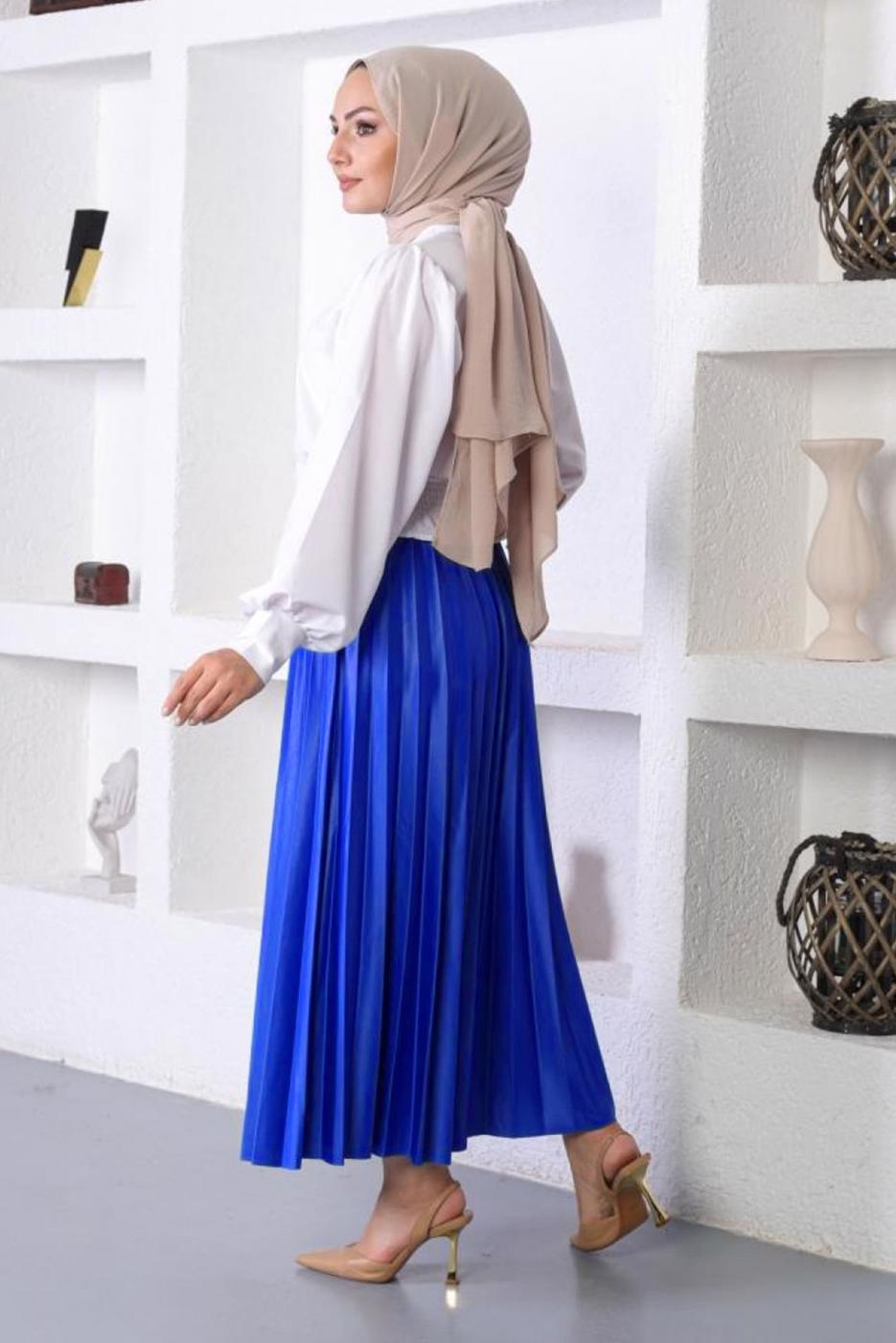 Tesettür giyim LACİVERT PİLİSELİ BELİ LASTİKLİ ETEK T 8354