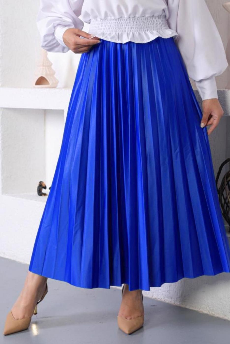 Tesettür giyim LACİVERT PİLİSELİ BELİ LASTİKLİ ETEK T 8354