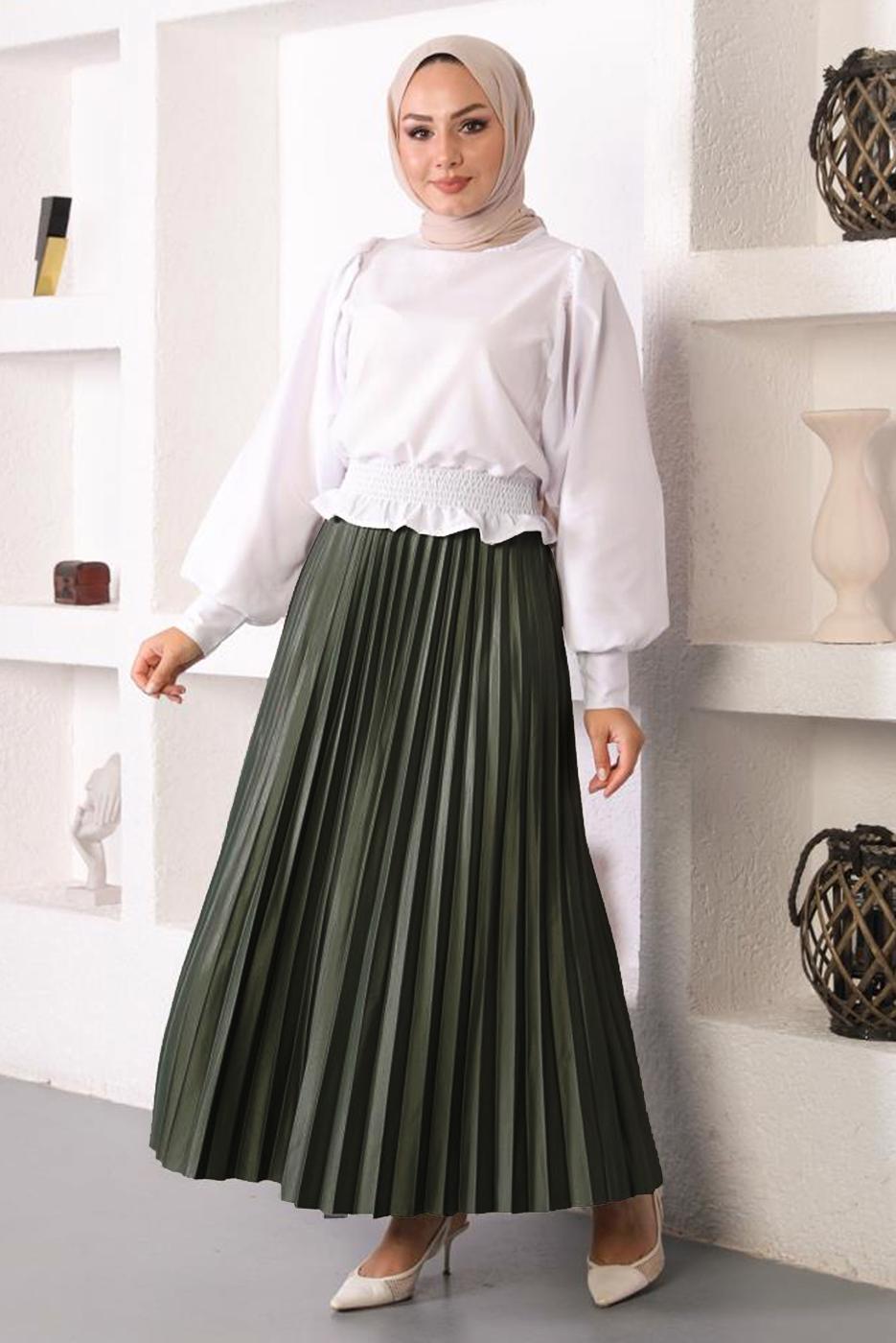 Tesettür giyim HAKİ PİLİSELİ BELİ LASTİKLİ ETEK T 8354