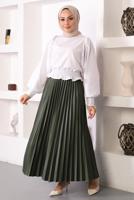 Tesettür giyim HAKİ PİLİSELİ BELİ LASTİKLİ ETEK T 8354