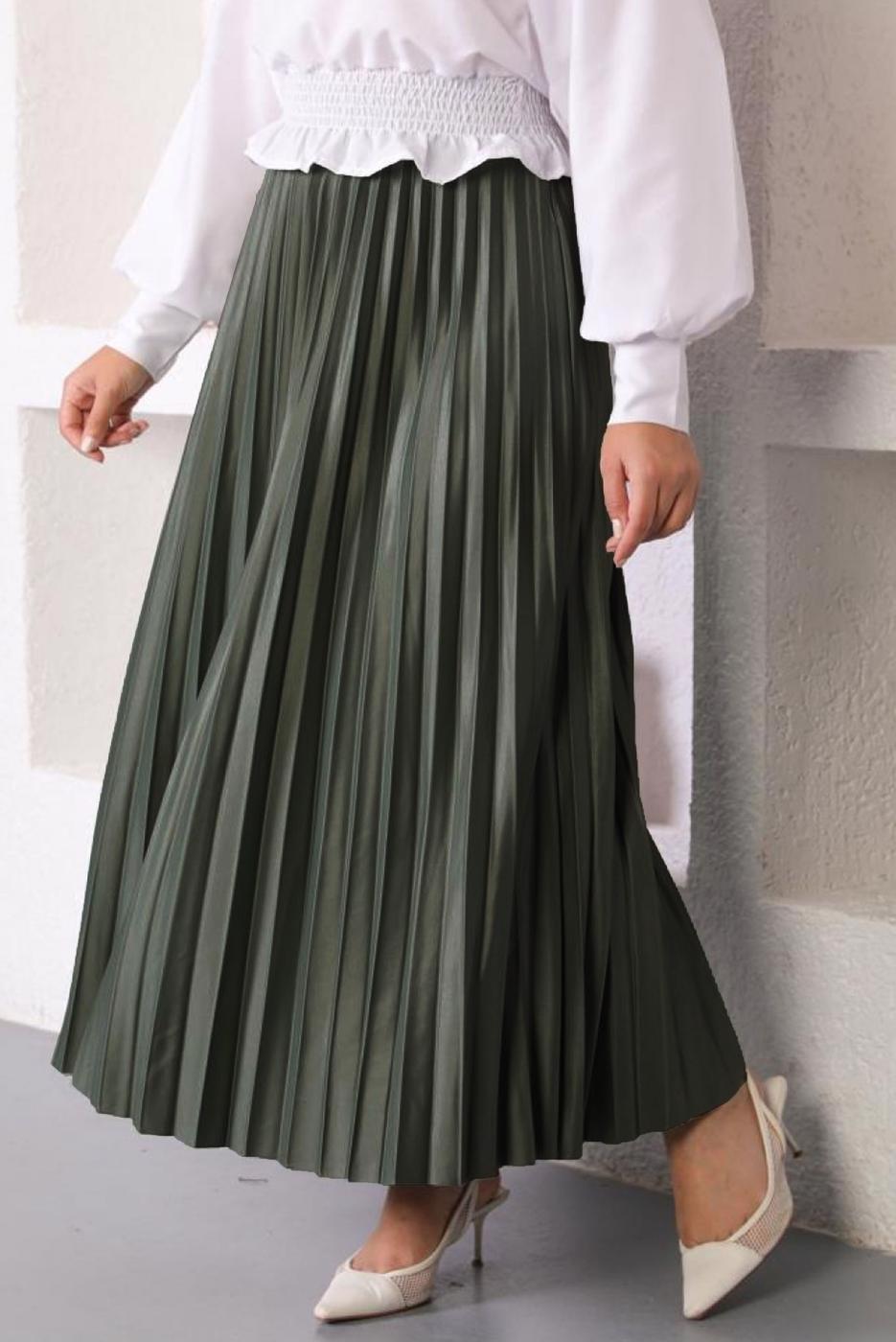 Tesettür giyim HAKİ PİLİSELİ BELİ LASTİKLİ ETEK T 8354