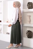 Tesettür giyim HAKİ PİLİSELİ BELİ LASTİKLİ ETEK T 8354