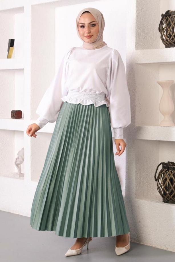 Vêtements hijab VERT JUPE PLISSÉE À TAILLE ÉLASTIQUE T 8354 - TRENDTESETTÜR