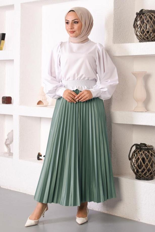 Vêtements hijab VERT JUPE PLISSÉE À TAILLE ÉLASTIQUE T 8354 - TRENDTESETTÜR