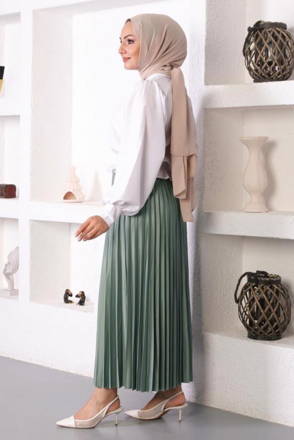Vêtements hijab VERT JUPE PLISSÉE À TAILLE ÉLASTIQUE T 8354