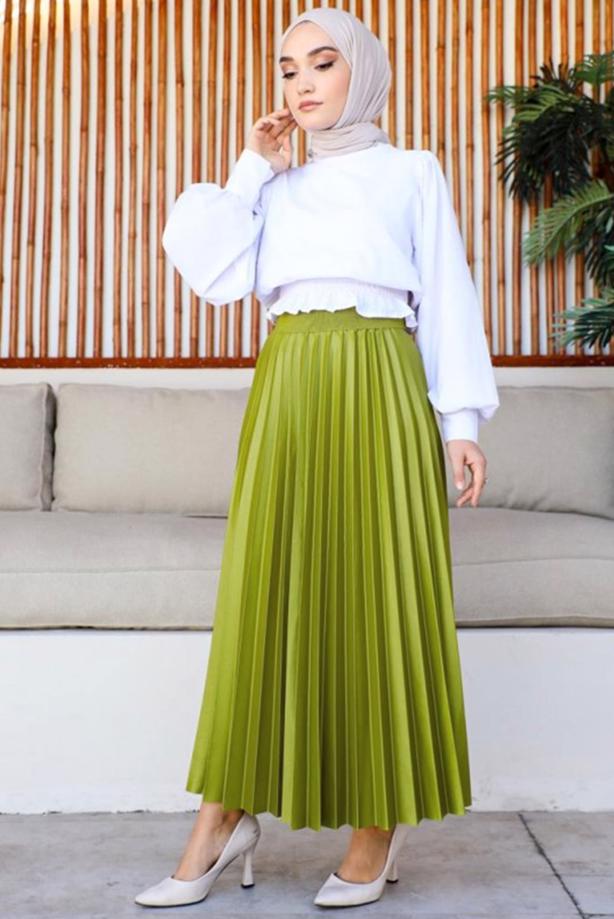 Tesettür giyim YEŞİL PİLİSELİ BELİ LASTİKLİ ETEK T 8354 - TRENDTESETTÜR