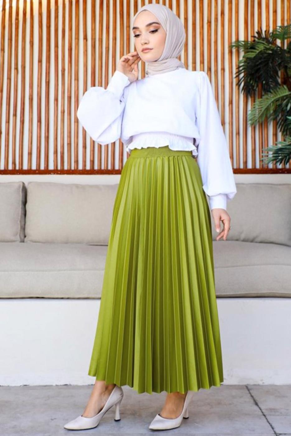 Vêtements hijab VERT JUPE PLISSÉE À TAILLE ÉLASTIQUE T 8354