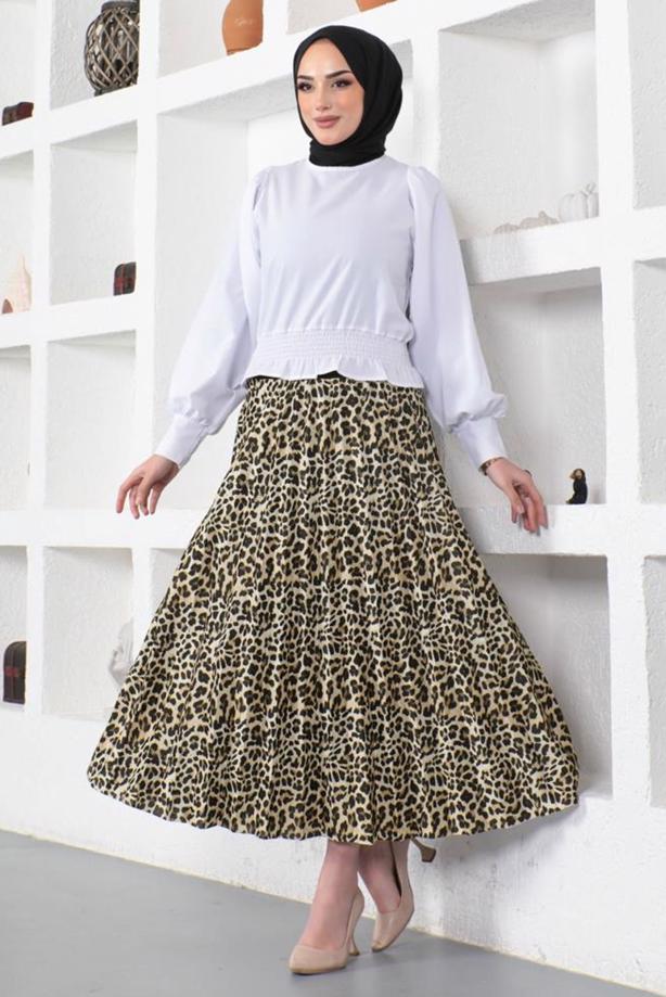 Tesettür giyim TABA LEOPAR DESENLİ PİLİSELİ ETEK T 9354 - TRENDTESETTÜR