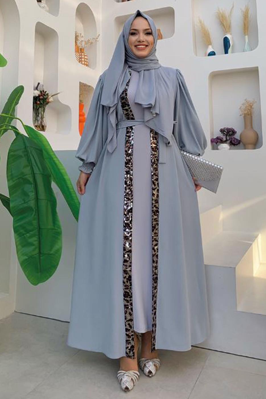 Tesettür giyim GRİ LEOPAR DESEN DETAYLI KUŞAKLI BALON KOL FERACE T 2857