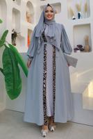 Tesettür giyim GRİ LEOPAR DESEN DETAYLI KUŞAKLI BALON KOL FERACE T 2857