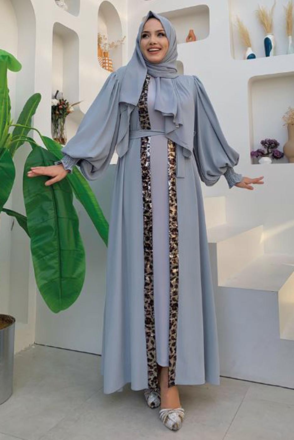 Tesettür giyim GRİ LEOPAR DESEN DETAYLI KUŞAKLI BALON KOL FERACE T 2857