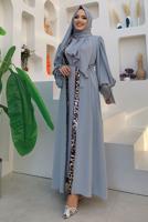 Tesettür giyim GRİ LEOPAR DESEN DETAYLI KUŞAKLI BALON KOL FERACE T 2857