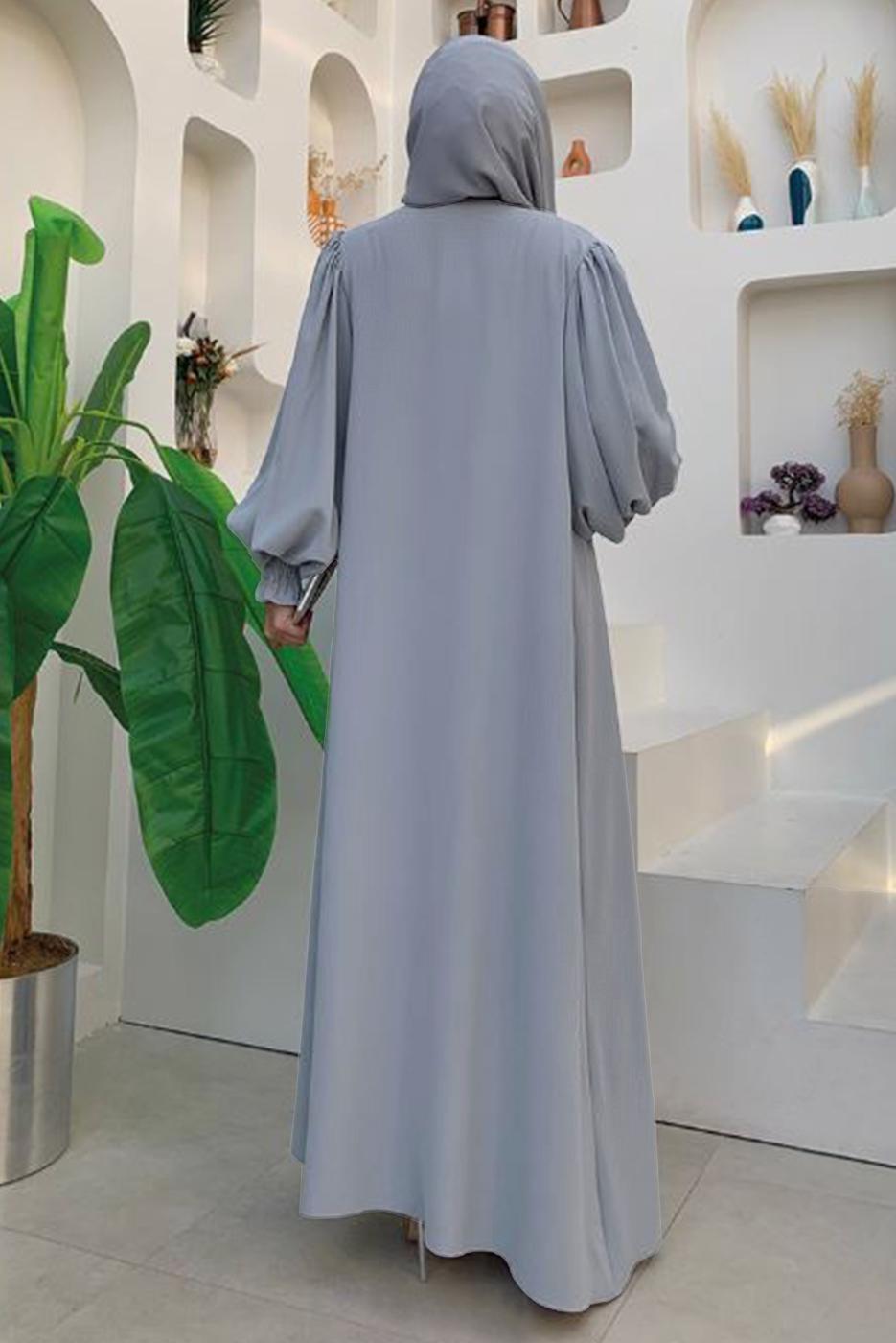 Tesettür giyim GRİ LEOPAR DESEN DETAYLI KUŞAKLI BALON KOL FERACE T 2857