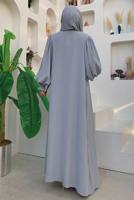 Tesettür giyim GRİ LEOPAR DESEN DETAYLI KUŞAKLI BALON KOL FERACE T 2857