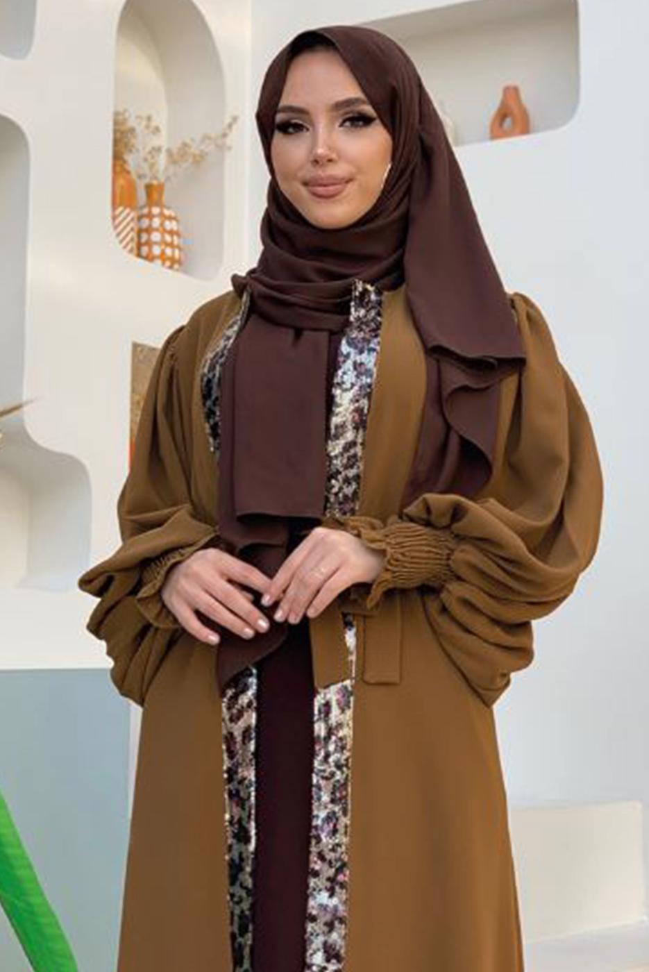 Tesettür giyim TABA LEOPAR DESEN DETAYLI KUŞAKLI BALON KOL FERACE T 2857