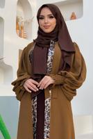 Tesettür giyim TABA LEOPAR DESEN DETAYLI KUŞAKLI BALON KOL FERACE T 2857