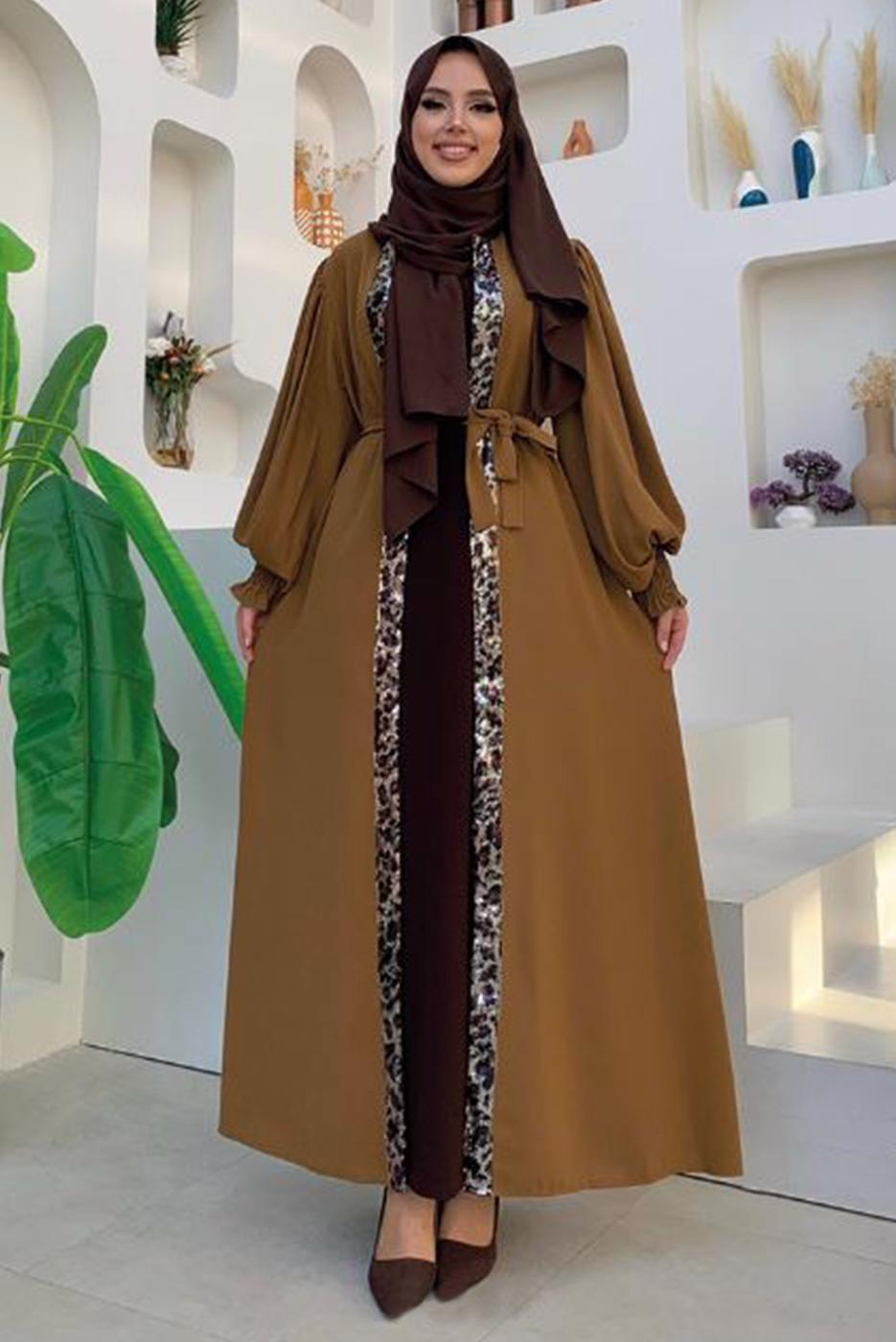 Tesettür giyim TABA LEOPAR DESEN DETAYLI KUŞAKLI BALON KOL FERACE T 2857