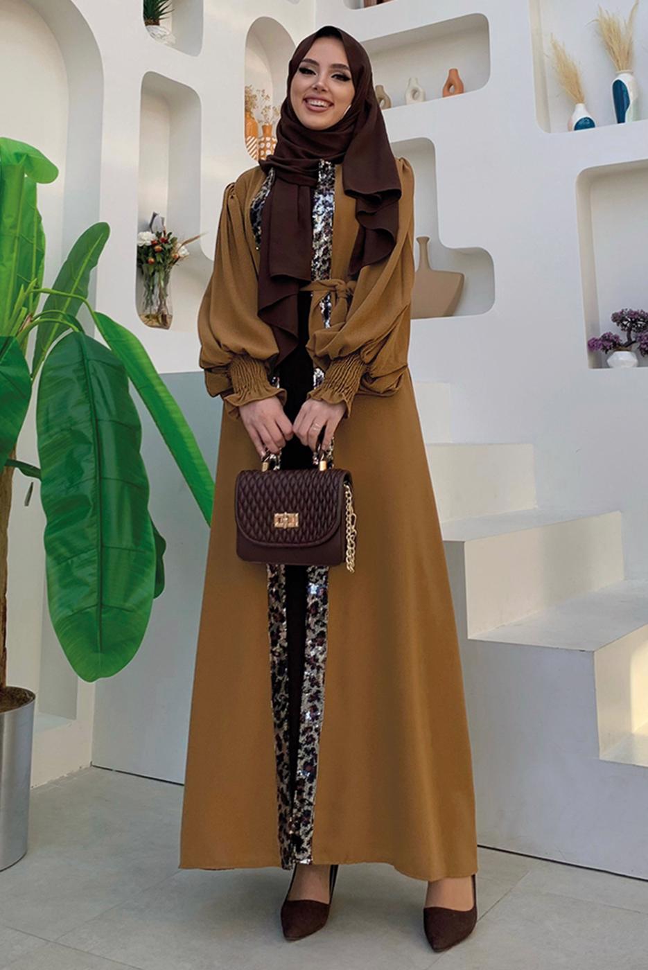 Tesettür giyim TABA LEOPAR DESEN DETAYLI KUŞAKLI BALON KOL FERACE T 2857